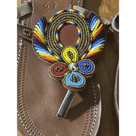 African Maasai Leather Beaded Tribal Sandal 10.5 Boho Handmade Slip On Shoe EU42 - Picture 2 of 5